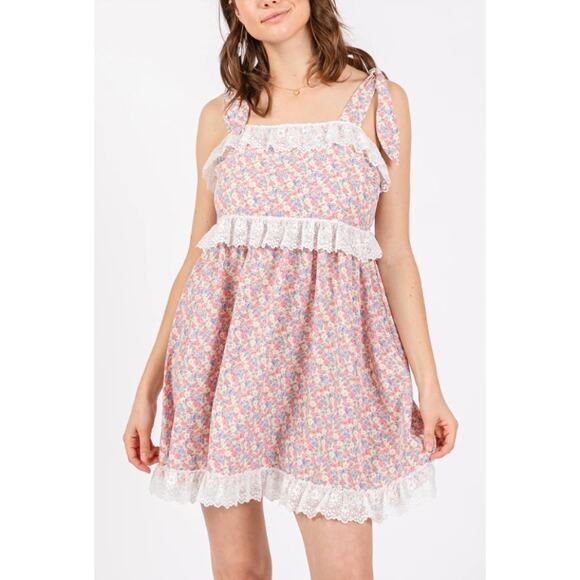 NWT La February Ditzy Floral Baby Doll Dress Small Lace Trim Pink Cottagecore - Picture 1 of 12